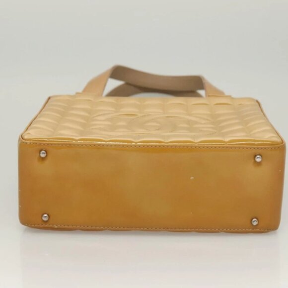 CHANEL Choco Bar Hand Bag Patent Leather Yellow Silver CC Auth mr1387 - Picture 6 of 16